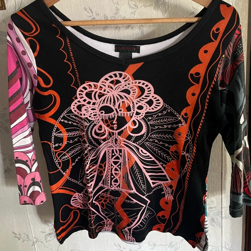 Custo Barcelona Black and Pink Graphic 3/4 Sleeve Blouse - Picture 1 of 5